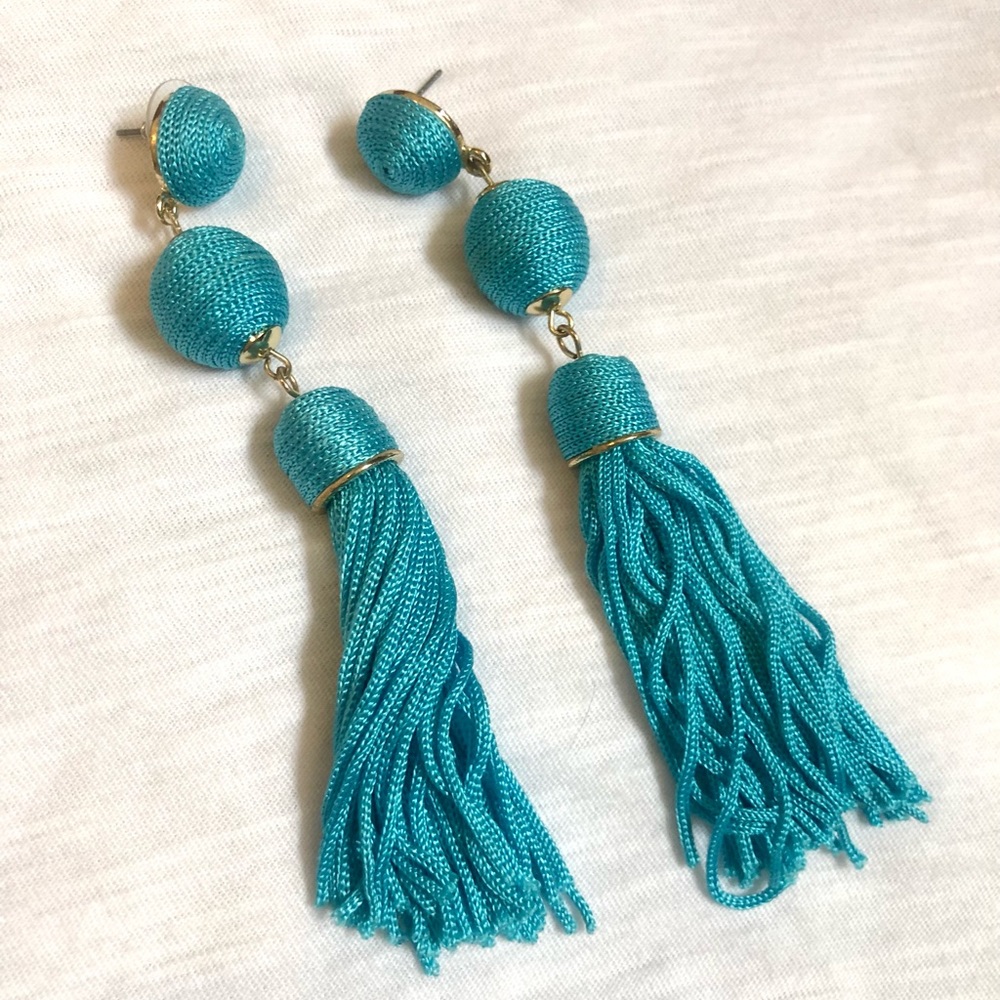 Teal, tassel dangly earrings